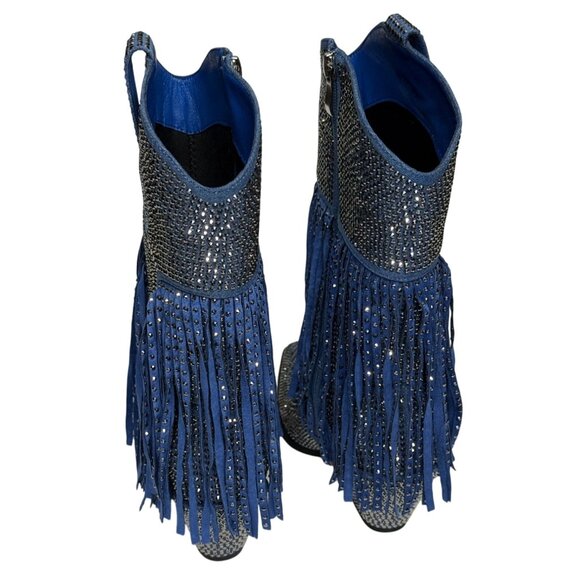NWT Azalea Wang Rhinestone Fringe Denim Western Boots Blue Cowgirl Glam - Picture 5 of 11